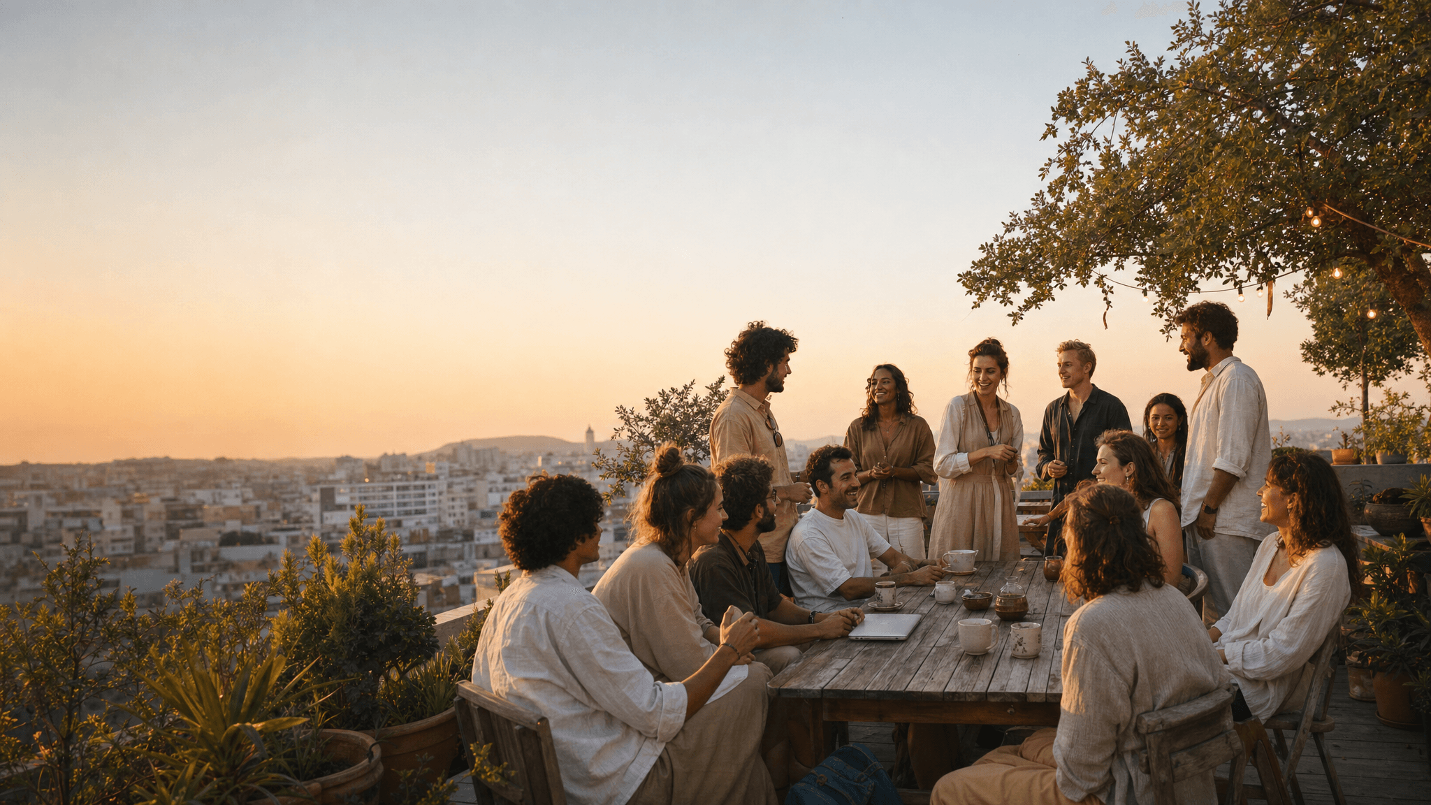 A rooftop gathering of a young community at golden hour